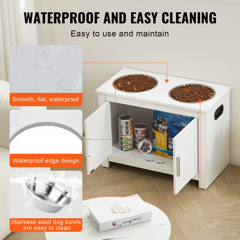 VEVOR mājdzīvnieku barošanas plaukts ar 2 paaugstinātām suņu bļodām un glabāšanas skapi