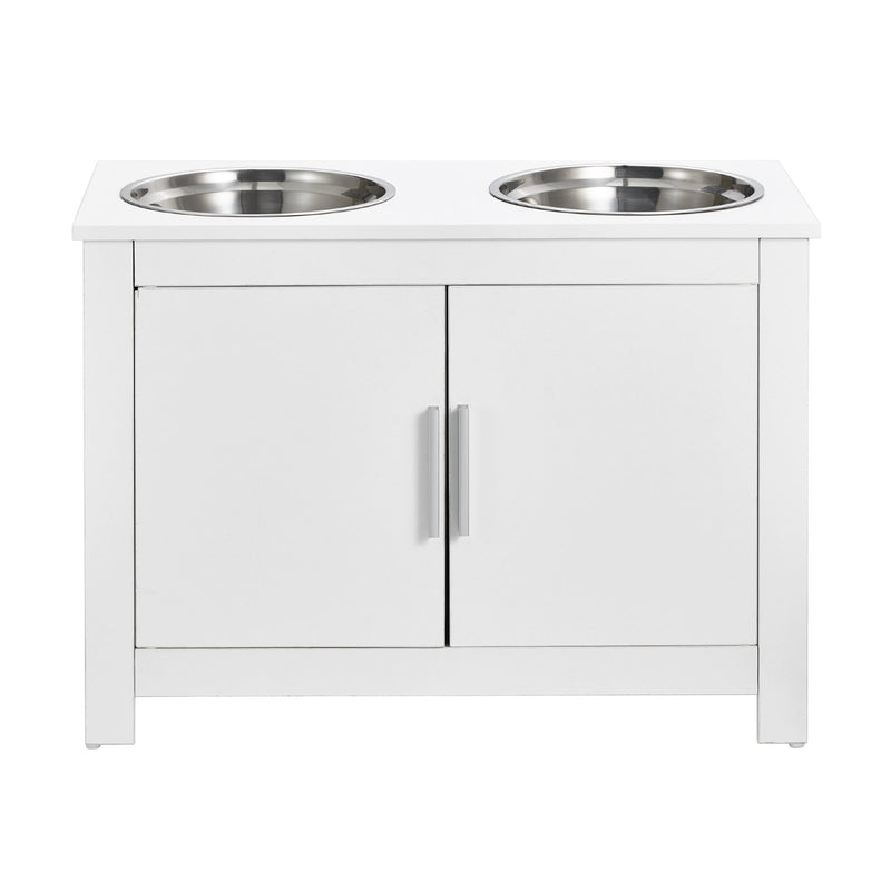 VEVOR mājdzīvnieku barošanas plaukts ar 2 paaugstinātām suņu bļodām un glabāšanas skapi