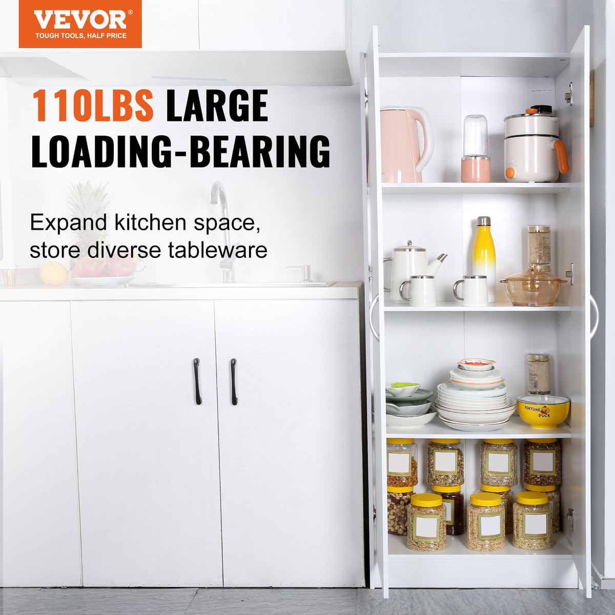 VEVOR Kitchen Cabinet, 152 cm, 50 kg, Freestanding, 3 Shelves (2 Adjustable), Engineered Wood