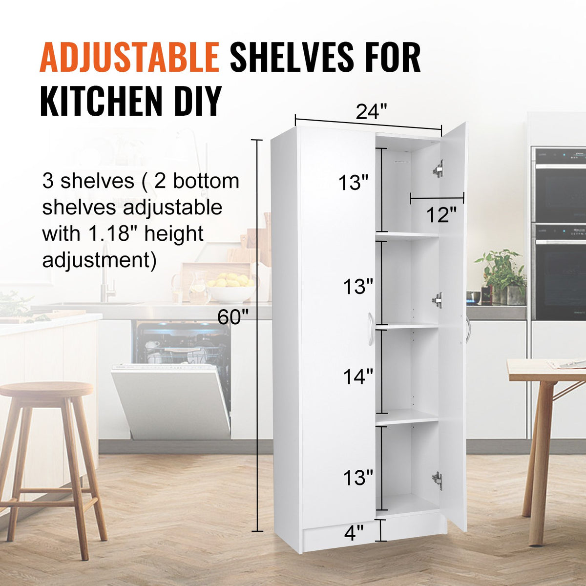 VEVOR Kitchen Cabinet, 152 cm, 50 kg, Freestanding, 3 Shelves (2 Adjustable), Engineered Wood