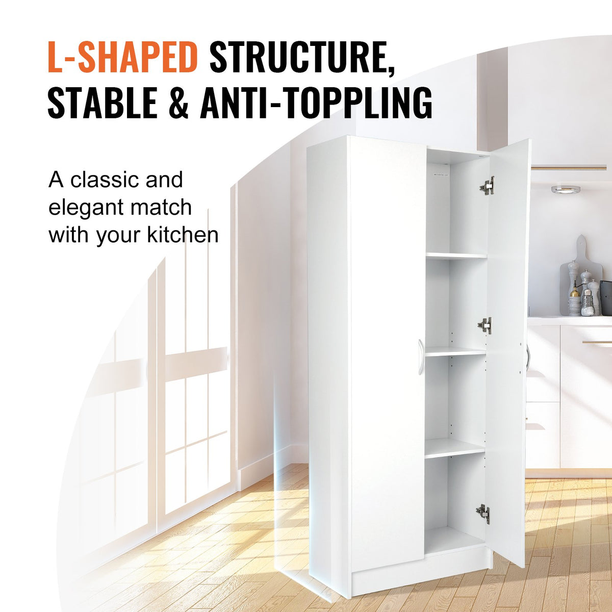 VEVOR Kitchen Cabinet, 152 cm, 50 kg, Freestanding, 3 Shelves (2 Adjustable), Engineered Wood