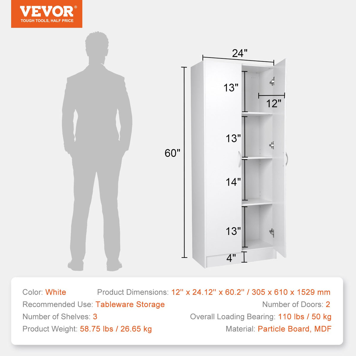 VEVOR Kitchen Cabinet, 152 cm, 50 kg, Freestanding, 3 Shelves (2 Adjustable), Engineered Wood