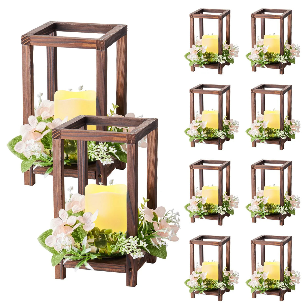 VEVOR Wooden Wedding Lantern Centrepiece Decor, 10 Sets / 30 Pieces, Includes 10 Wooden Lantern Candle Holders, 10 Flameless LED Candles and 10 Champagne Colour Flower Wreaths, Suitable for Wedding Tables, Parties and Rustic Style Decor, Brown