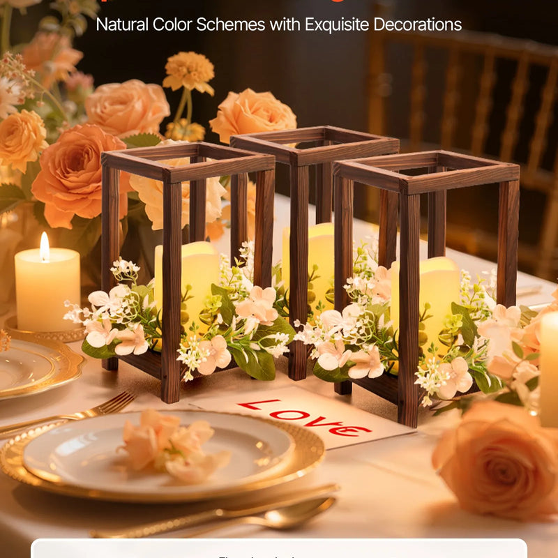 VEVOR koka kāzu laternu centrālais dekors, 10 komplekti / 30 gab., ietver 10 koka laternu svečturus, 10 bezliesmas LED sveces un 10 šampanieša krāsas ziedu vainagus, piemērots kāzu galdiem, ballītēm un lauku stila dekoram, brūnā krāsā