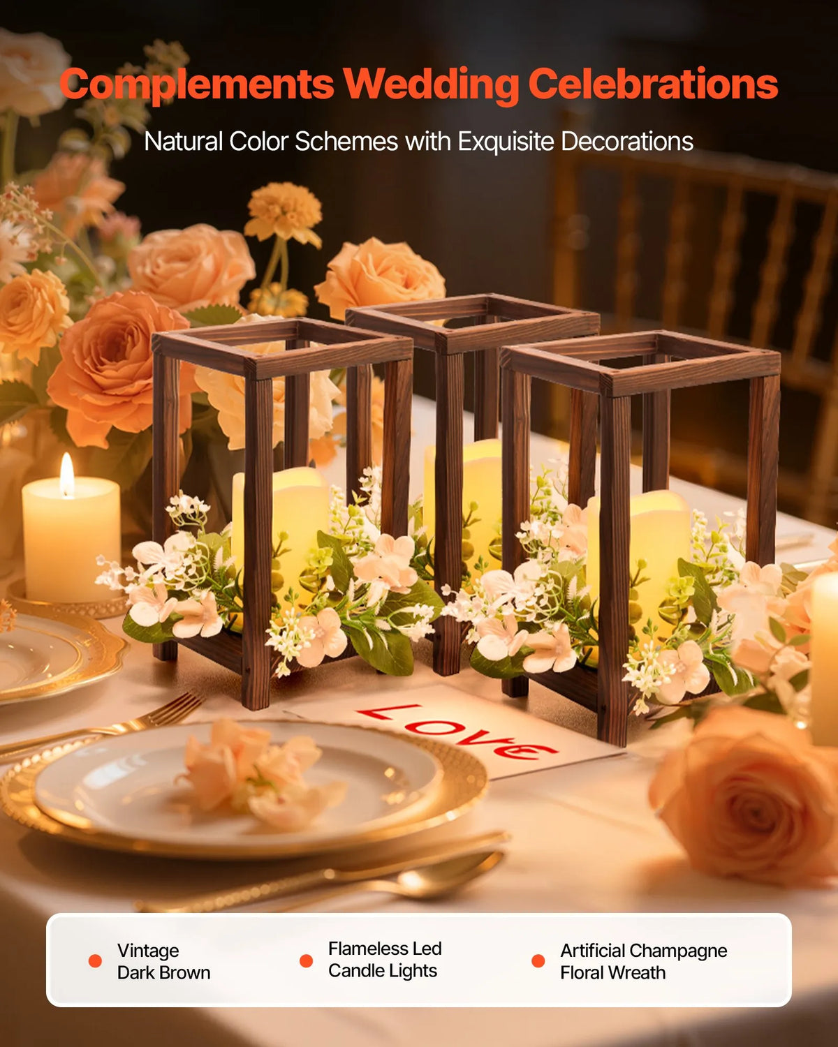 VEVOR Wooden Wedding Lantern Centrepiece Decor, 10 Sets / 30 Pieces, Includes 10 Wooden Lantern Candle Holders, 10 Flameless LED Candles and 10 Champagne Colour Flower Wreaths, Suitable for Wedding Tables, Parties and Rustic Style Decor, Brown
