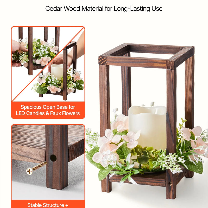 VEVOR koka kāzu laternu centrālais dekors, 10 komplekti / 30 gab., ietver 10 koka laternu svečturus, 10 bezliesmas LED sveces un 10 šampanieša krāsas ziedu vainagus, piemērots kāzu galdiem, ballītēm un lauku stila dekoram, brūnā krāsā