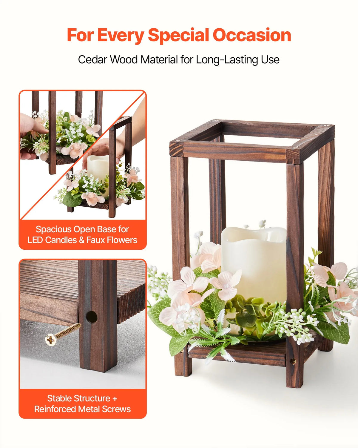 VEVOR Wooden Wedding Lantern Centrepiece Decor, 10 Sets / 30 Pieces, Includes 10 Wooden Lantern Candle Holders, 10 Flameless LED Candles and 10 Champagne Colour Flower Wreaths, Suitable for Wedding Tables, Parties and Rustic Style Decor, Brown
