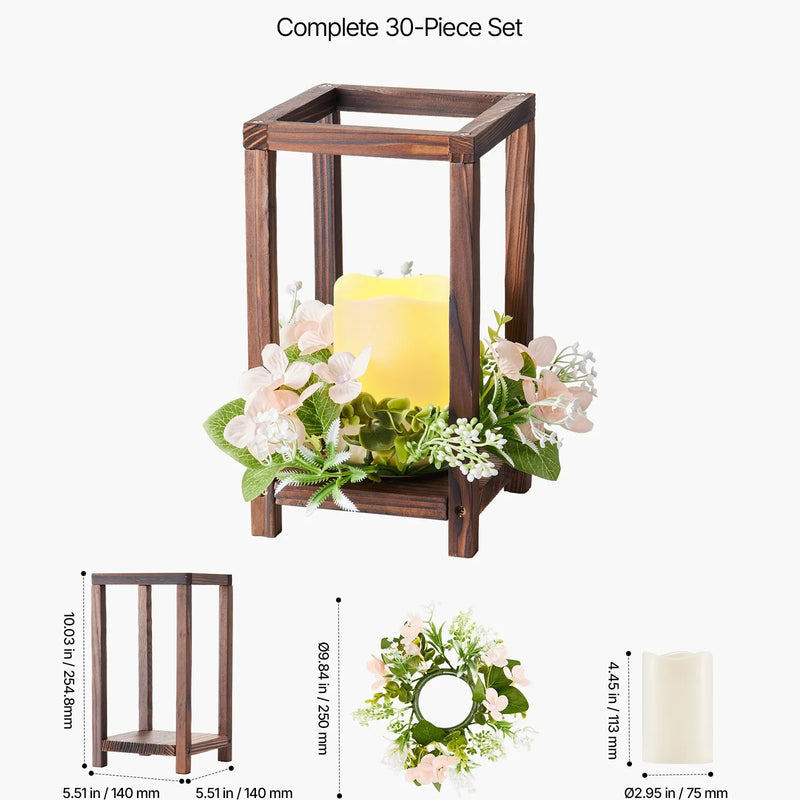 VEVOR koka kāzu laternu centrālais dekors, 10 komplekti / 30 gab., ietver 10 koka laternu svečturus, 10 bezliesmas LED sveces un 10 šampanieša krāsas ziedu vainagus, piemērots kāzu galdiem, ballītēm un lauku stila dekoram, brūnā krāsā