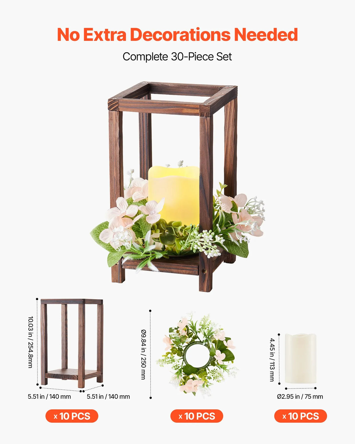 VEVOR Wooden Wedding Lantern Centrepiece Decor, 10 Sets / 30 Pieces, Includes 10 Wooden Lantern Candle Holders, 10 Flameless LED Candles and 10 Champagne Colour Flower Wreaths, Suitable for Wedding Tables, Parties and Rustic Style Decor, Brown
