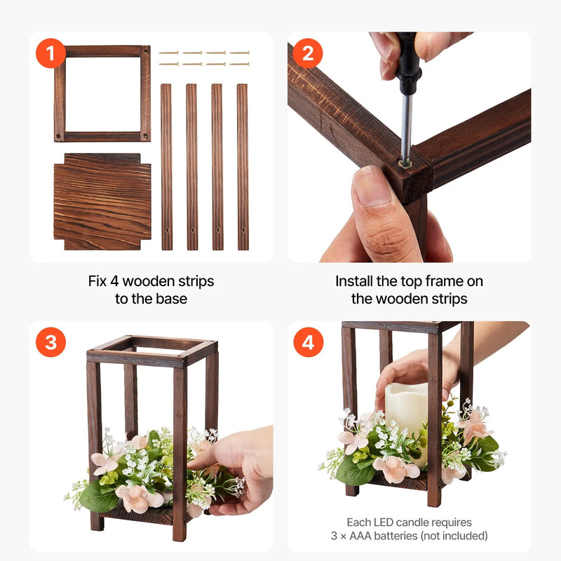 VEVOR koka kāzu laternu centrālais dekors, 10 komplekti / 30 gab., ietver 10 koka laternu svečturus, 10 bezliesmas LED sveces un 10 šampanieša krāsas ziedu vainagus, piemērots kāzu galdiem, ballītēm un lauku stila dekoram, brūnā krāsā