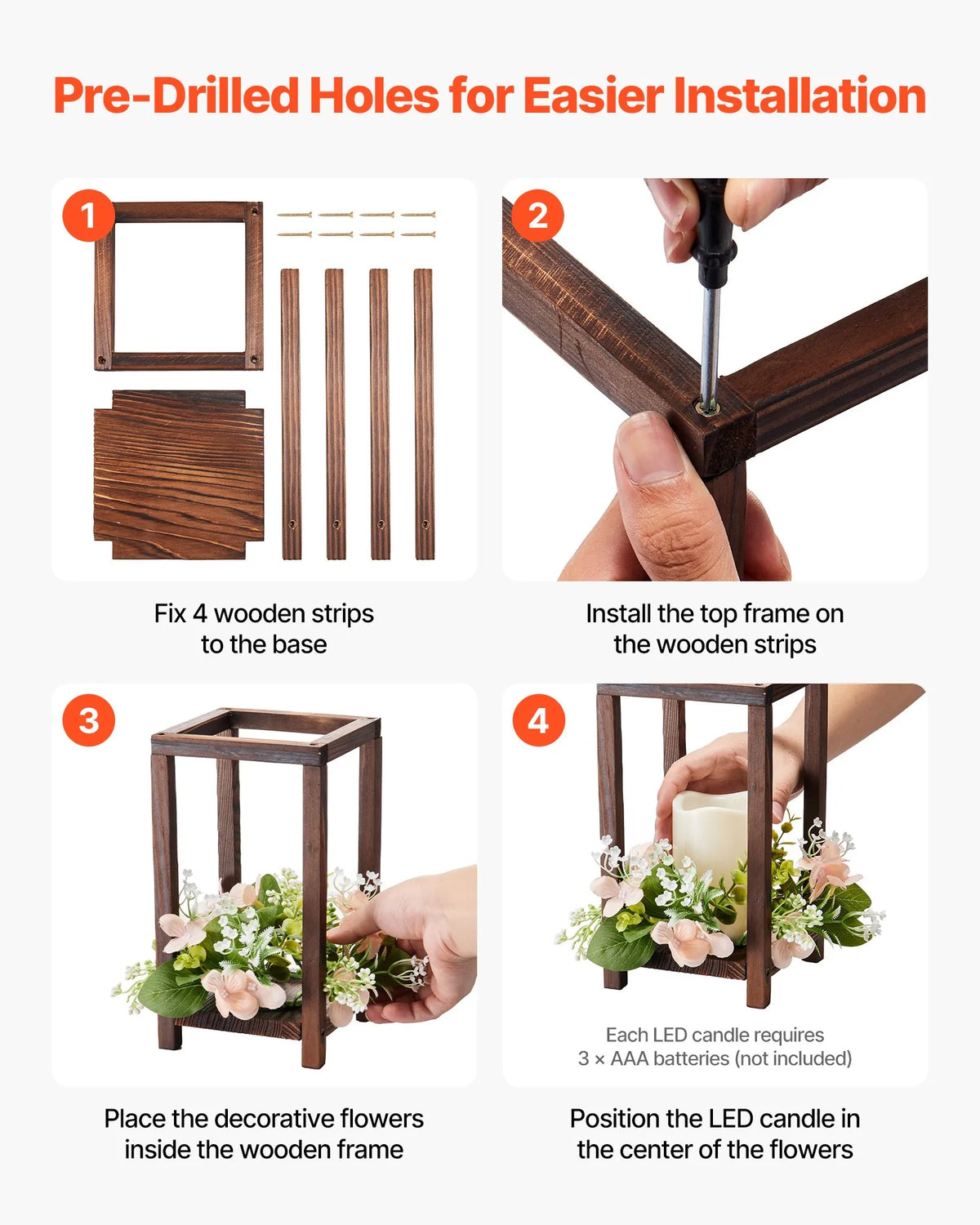 VEVOR Wooden Wedding Lantern Centrepiece Decor, 10 Sets / 30 Pieces, Includes 10 Wooden Lantern Candle Holders, 10 Flameless LED Candles and 10 Champagne Colour Flower Wreaths, Suitable for Wedding Tables, Parties and Rustic Style Decor, Brown