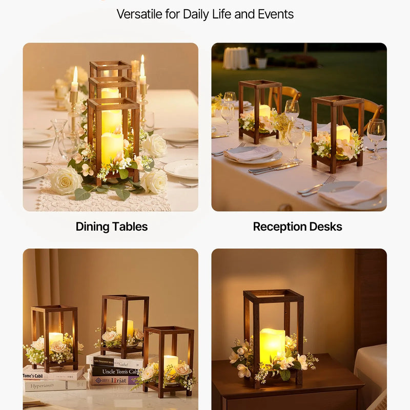 VEVOR koka kāzu laternu centrālais dekors, 10 komplekti / 30 gab., ietver 10 koka laternu svečturus, 10 bezliesmas LED sveces un 10 šampanieša krāsas ziedu vainagus, piemērots kāzu galdiem, ballītēm un lauku stila dekoram, brūnā krāsā