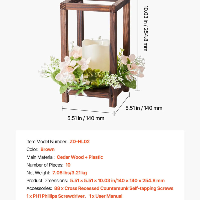 VEVOR koka kāzu laternu centrālais dekors, 10 komplekti / 30 gab., ietver 10 koka laternu svečturus, 10 bezliesmas LED sveces un 10 šampanieša krāsas ziedu vainagus, piemērots kāzu galdiem, ballītēm un lauku stila dekoram, brūnā krāsā