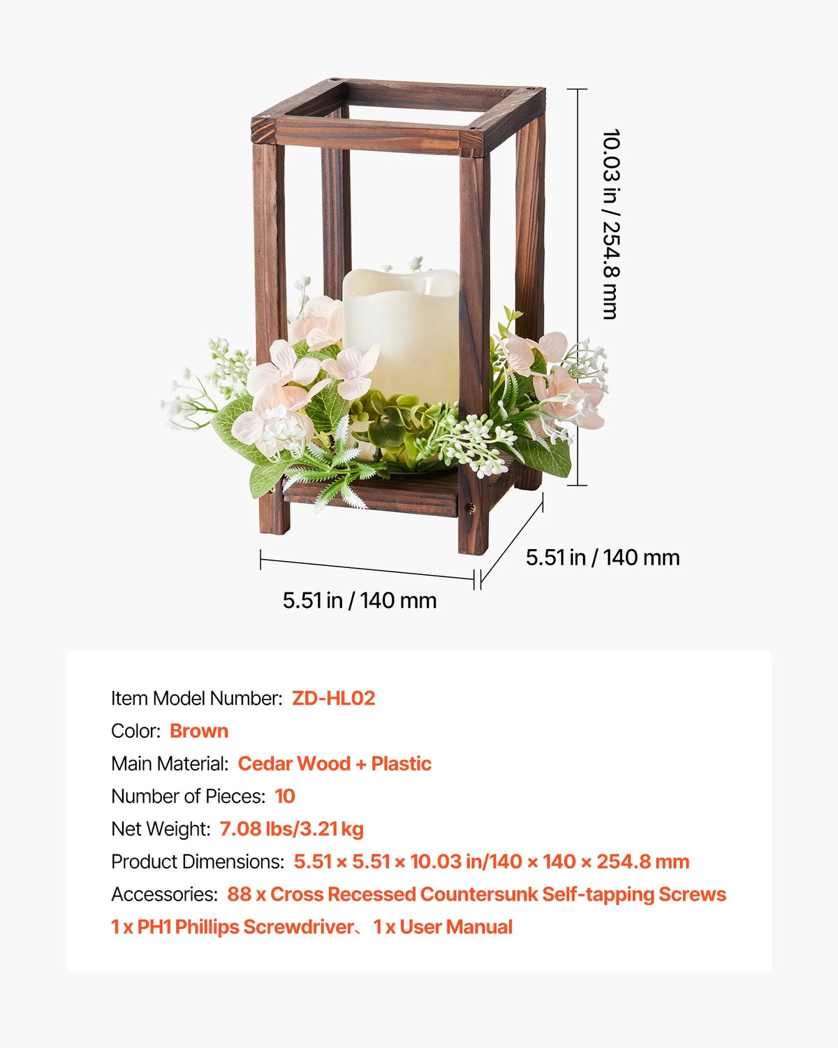VEVOR Wooden Wedding Lantern Centrepiece Decor, 10 Sets / 30 Pieces, Includes 10 Wooden Lantern Candle Holders, 10 Flameless LED Candles and 10 Champagne Colour Flower Wreaths, Suitable for Wedding Tables, Parties and Rustic Style Decor, Brown
