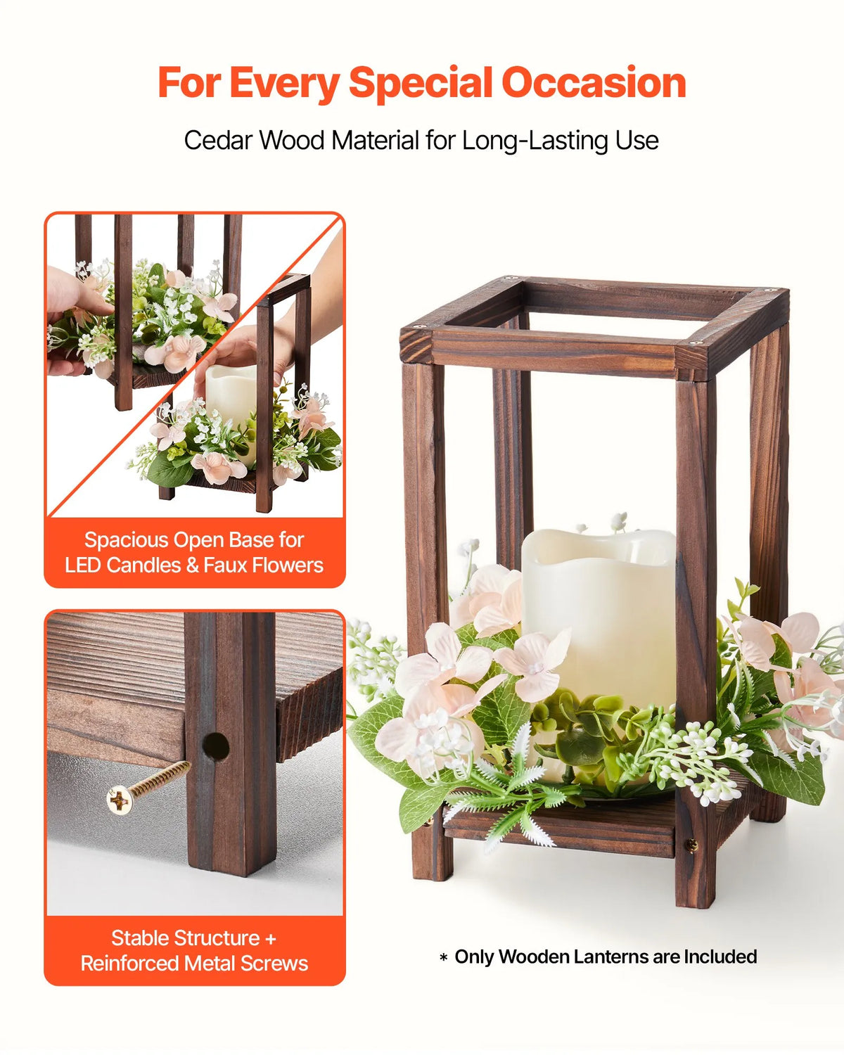 VEVOR wooden wedding lanterns, 24 pack, cedar wood and plastic wooden style lantern candle holders, rustic decorative home centrepiece, ideal for wedding tables, parties and farmhouse style interior décor indoors, brown
