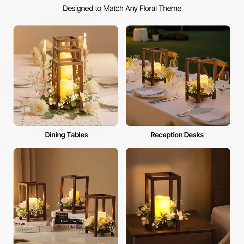 VEVOR koka kāzu laternas, 24 gab., no ciedra koka un plastmasas izgatavoti koka stila laternu svečturi, rustikāls dekoratīvs mājas centrālais akcents, ideāli piemērots kāzu galdiem, ballītēm un lauku stila interjera dekoram iekštelpās, brūnā krāsā