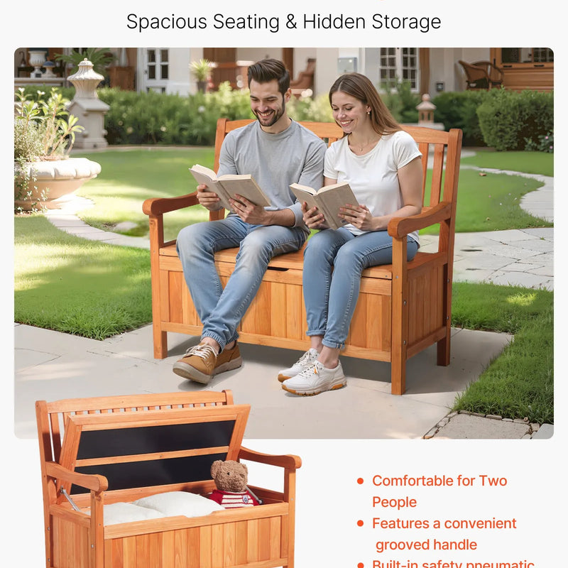 Āra koka sols ar glabātuvi 125 l, paredzēts 2 personām, ar sānu rokturi, iztur līdz 320 kg, laikapstākļu izturīgs, piemērots terasei, dārzam, balkonam un pagalmam