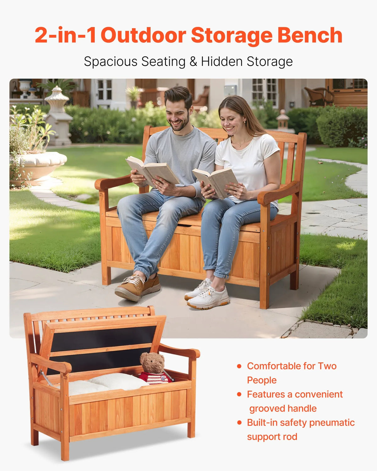 VEVOR Outdoor Wooden Storage Bench 125 L, Seating for 2, with Side Handle, Supports up to 320 kg, Weather-Resistant, Suitable for Terrace, Garden, Balcony and Patio
