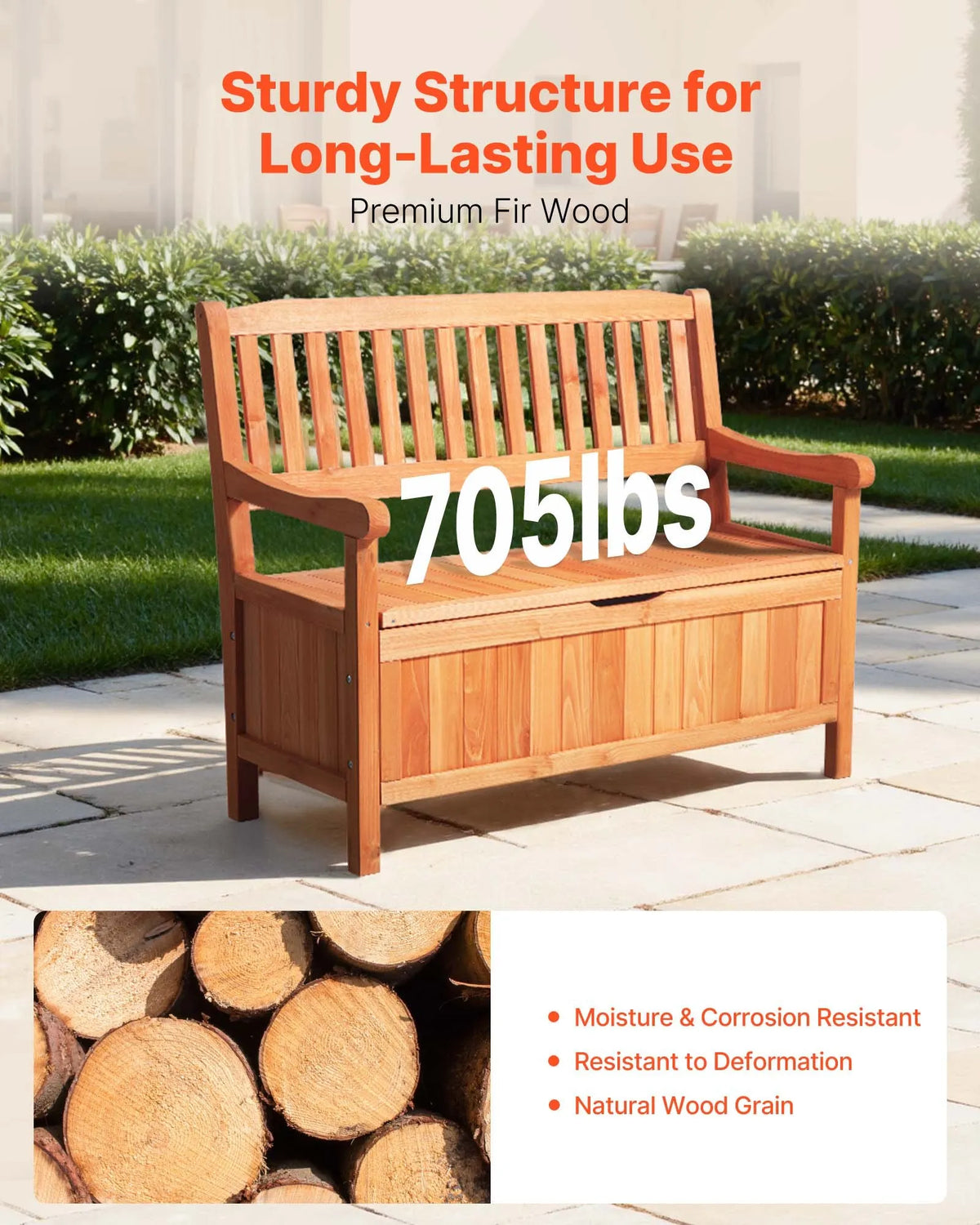 VEVOR Outdoor Wooden Storage Bench 125 L, Seating for 2, with Side Handle, Supports up to 320 kg, Weather-Resistant, Suitable for Terrace, Garden, Balcony and Patio