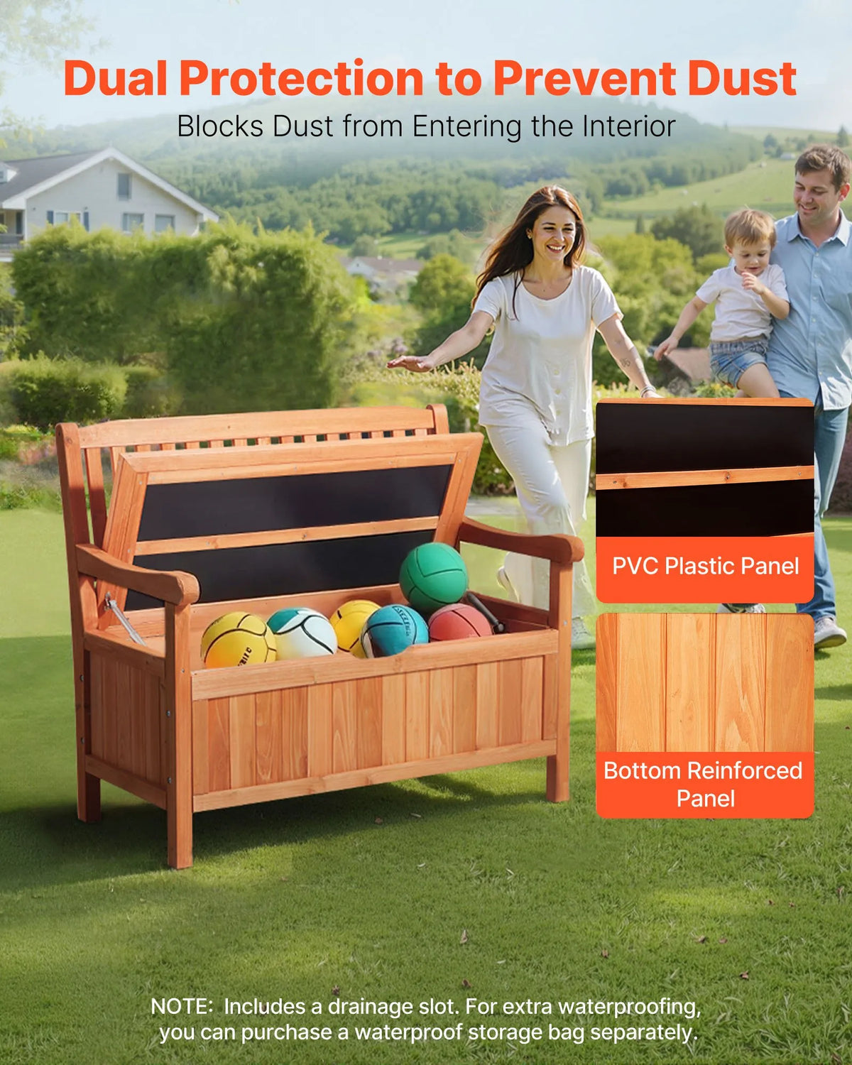 VEVOR Outdoor Wooden Storage Bench 125 L, Seating for 2, with Side Handle, Supports up to 320 kg, Weather-Resistant, Suitable for Terrace, Garden, Balcony and Patio