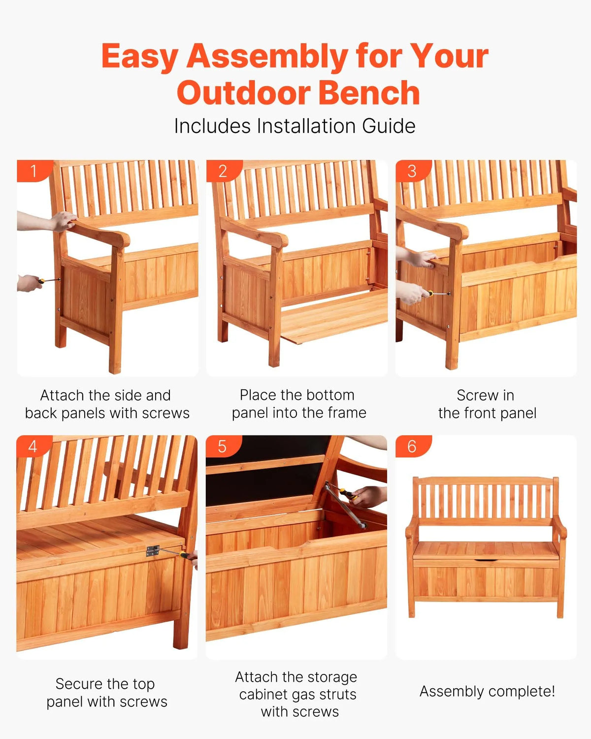 VEVOR Outdoor Wooden Storage Bench 125 L, Seating for 2, with Side Handle, Supports up to 320 kg, Weather-Resistant, Suitable for Terrace, Garden, Balcony and Patio