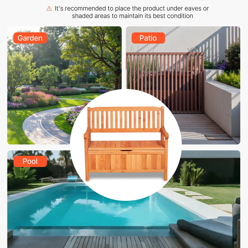 Āra koka sols ar glabātuvi 125 l, paredzēts 2 personām, ar sānu rokturi, iztur līdz 320 kg, laikapstākļu izturīgs, piemērots terasei, dārzam, balkonam un pagalmam