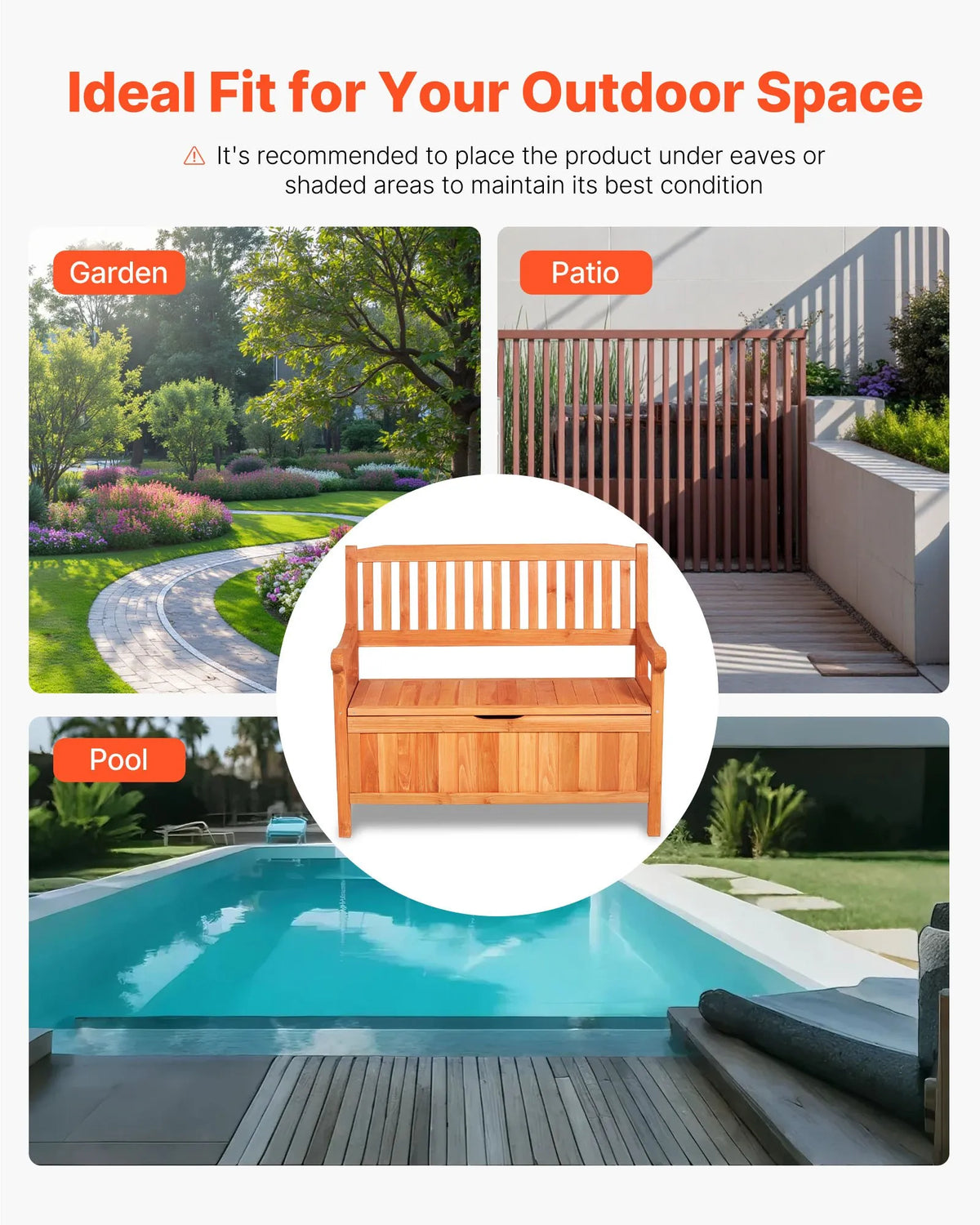 VEVOR Outdoor Wooden Storage Bench 125 L, Seating for 2, with Side Handle, Supports up to 320 kg, Weather-Resistant, Suitable for Terrace, Garden, Balcony and Patio