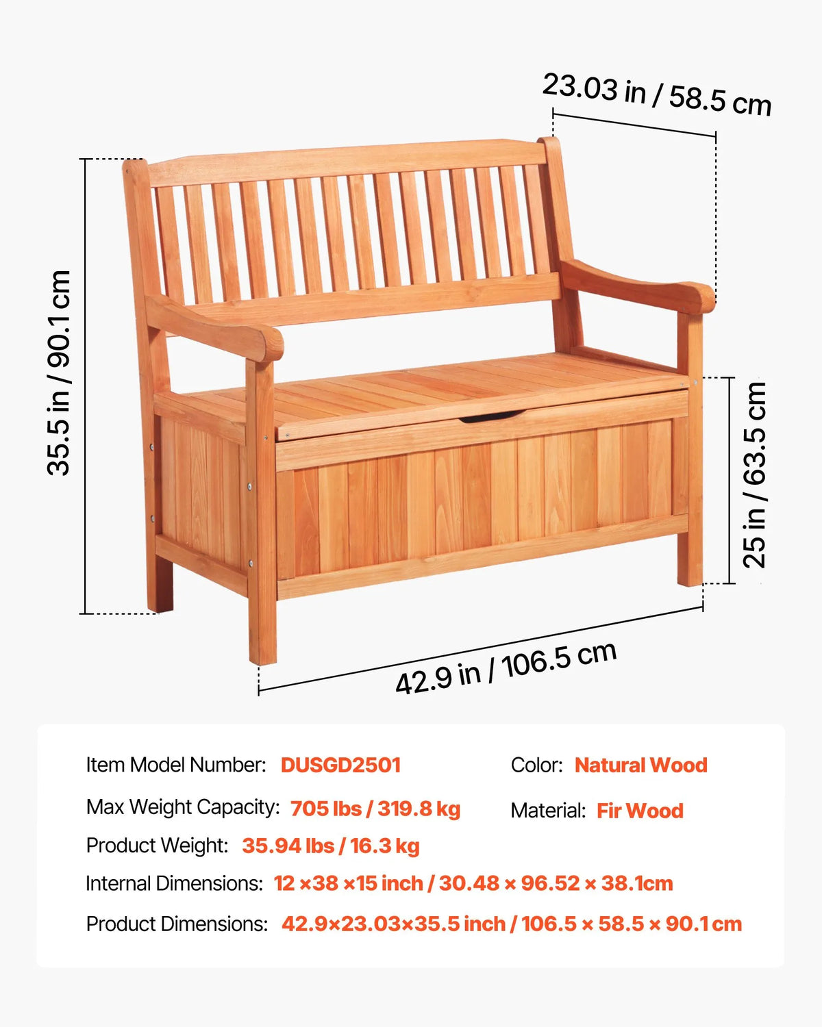 VEVOR Outdoor Wooden Storage Bench 125 L, Seating for 2, with Side Handle, Supports up to 320 kg, Weather-Resistant, Suitable for Terrace, Garden, Balcony and Patio