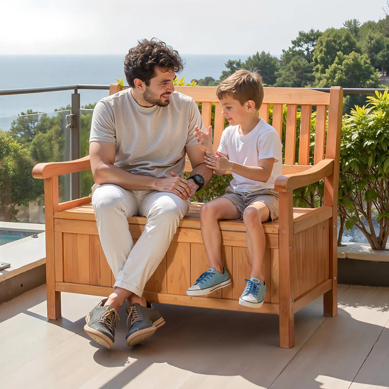 Āra koka sols ar glabātuvi 125 l, paredzēts 2 personām, ar sānu rokturi, iztur līdz 320 kg, laikapstākļu izturīgs, piemērots terasei, dārzam, balkonam un pagalmam