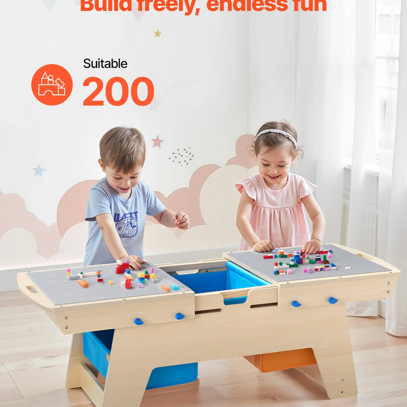 VEVOR bērnu divpusējais koka aktivitāšu galds ar 200 būvkociņiem un 3 uzglabāšanas kastēm, daudzfunkcionāls rotaļu galds bērniem no 3+ gadiem, ar lielu uzglabāšanas vietu, piemērots zēniem un meitenēm, dabīga koka krāsā