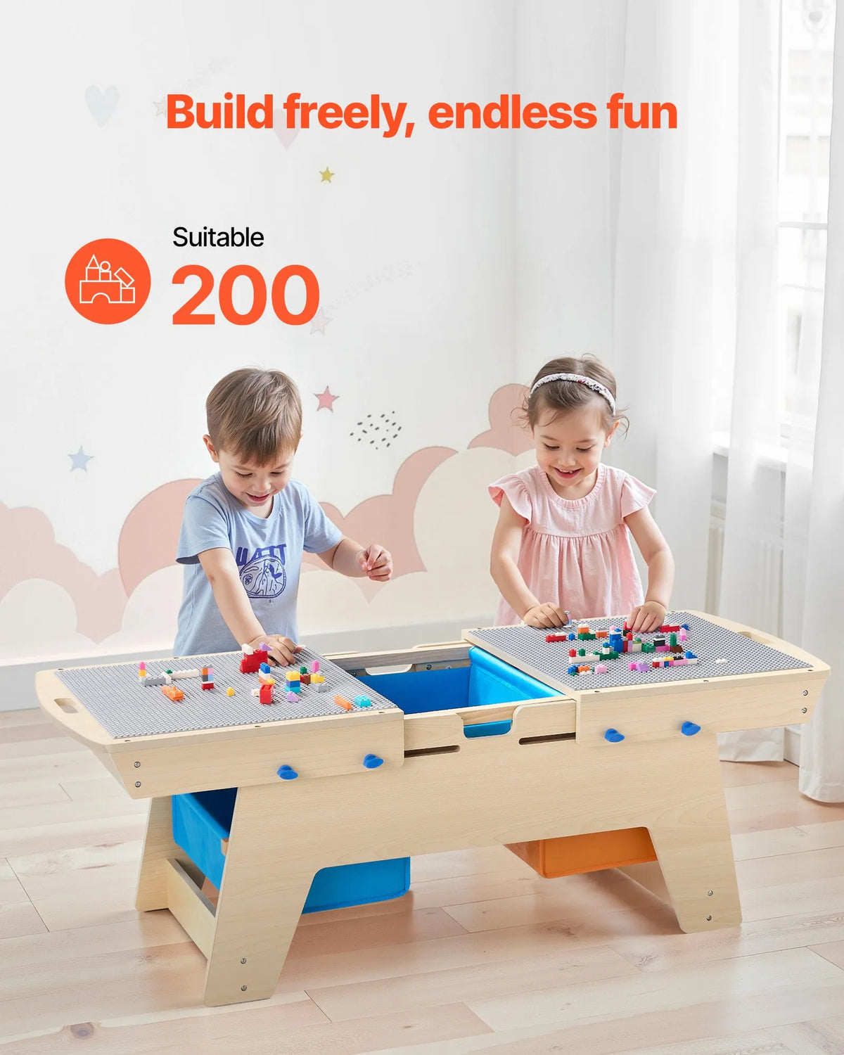 VEVOR Children's Double-Sided Wooden Activity Table with 200 Building Blocks and 3 Storage Boxes, from 3 Years