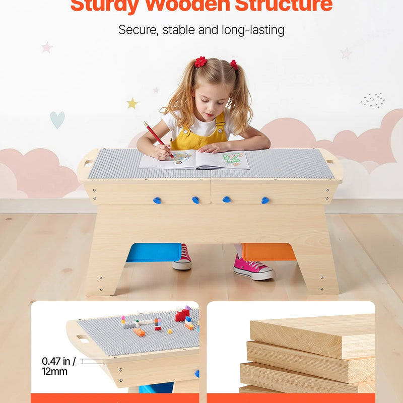 VEVOR bērnu divpusējais koka aktivitāšu galds ar 200 būvkociņiem un 3 uzglabāšanas kastēm, daudzfunkcionāls rotaļu galds bērniem no 3+ gadiem, ar lielu uzglabāšanas vietu, piemērots zēniem un meitenēm, dabīga koka krāsā