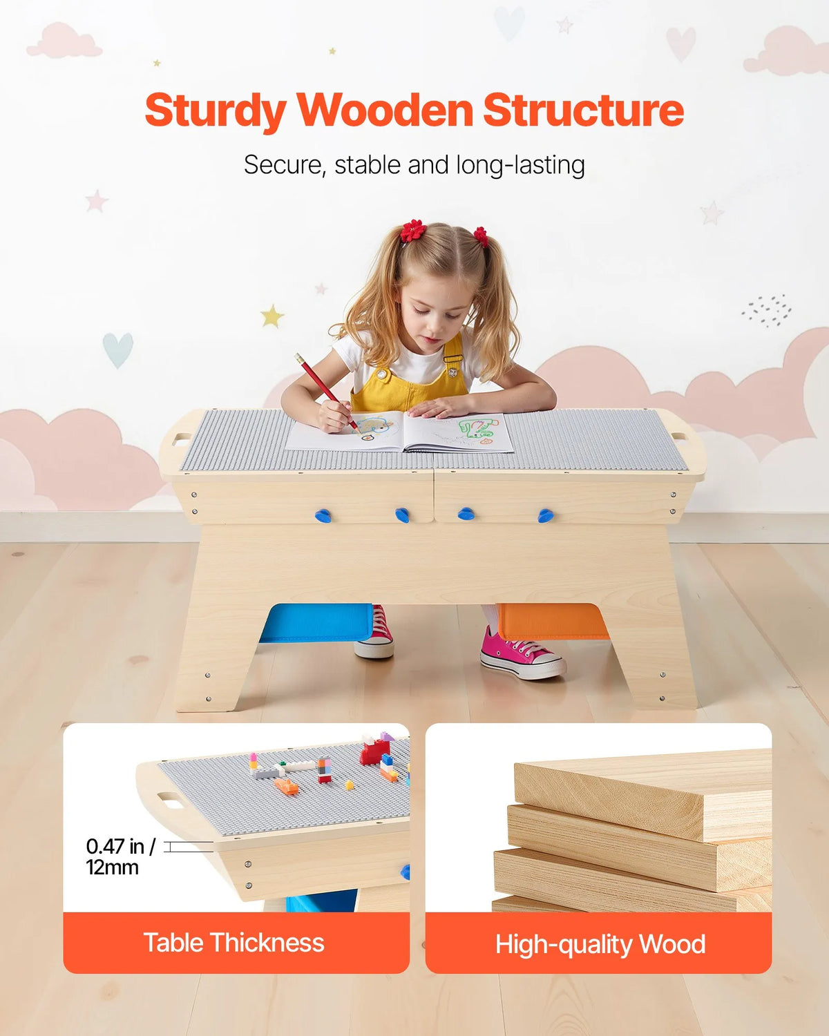 VEVOR Children's Double-Sided Wooden Activity Table with 200 Building Blocks and 3 Storage Boxes, from 3 Years