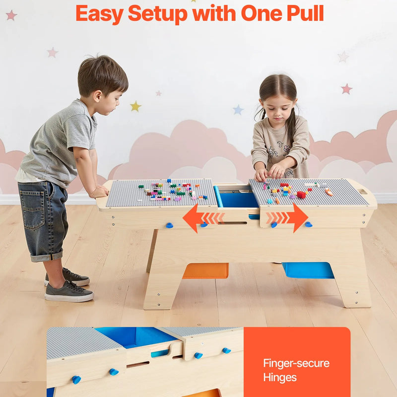 VEVOR bērnu divpusējais koka aktivitāšu galds ar 200 būvkociņiem un 3 uzglabāšanas kastēm, daudzfunkcionāls rotaļu galds bērniem no 3+ gadiem, ar lielu uzglabāšanas vietu, piemērots zēniem un meitenēm, dabīga koka krāsā