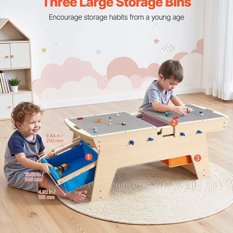 VEVOR bērnu divpusējais koka aktivitāšu galds ar 200 būvkociņiem un 3 uzglabāšanas kastēm, daudzfunkcionāls rotaļu galds bērniem no 3+ gadiem, ar lielu uzglabāšanas vietu, piemērots zēniem un meitenēm, dabīga koka krāsā
