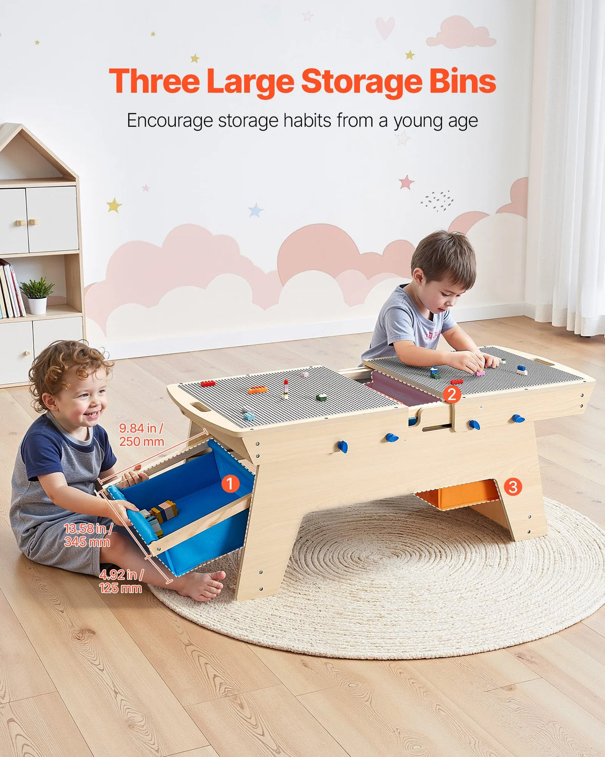 VEVOR Children's Double-Sided Wooden Activity Table with 200 Building Blocks and 3 Storage Boxes, from 3 Years