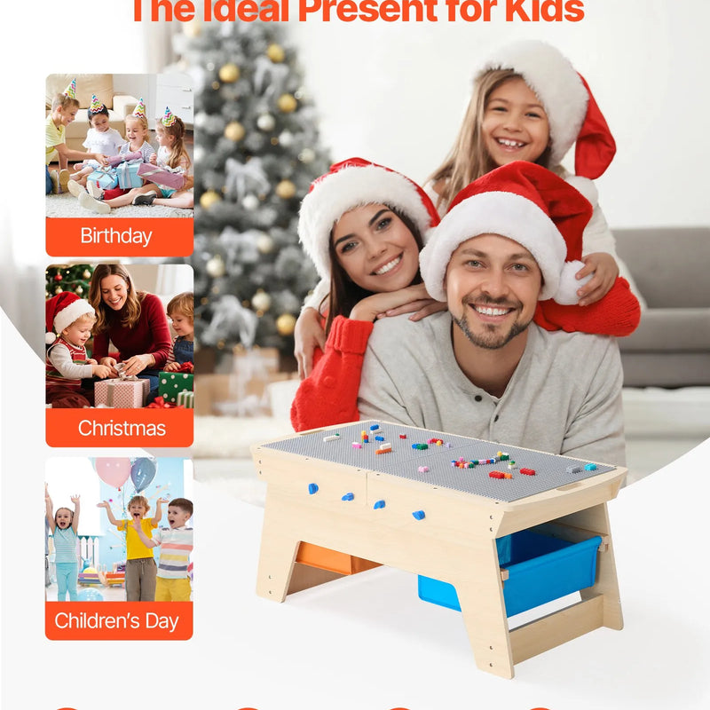 VEVOR bērnu divpusējais koka aktivitāšu galds ar 200 būvkociņiem un 3 uzglabāšanas kastēm, daudzfunkcionāls rotaļu galds bērniem no 3+ gadiem, ar lielu uzglabāšanas vietu, piemērots zēniem un meitenēm, dabīga koka krāsā