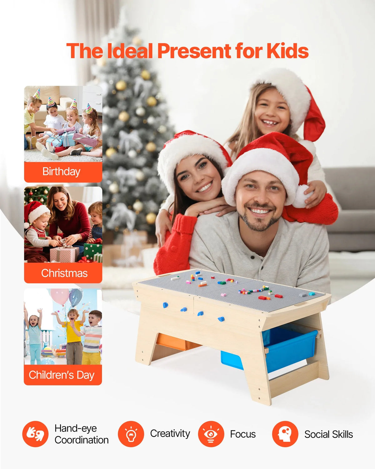 VEVOR Children's Double-Sided Wooden Activity Table with 200 Building Blocks and 3 Storage Boxes, from 3 Years