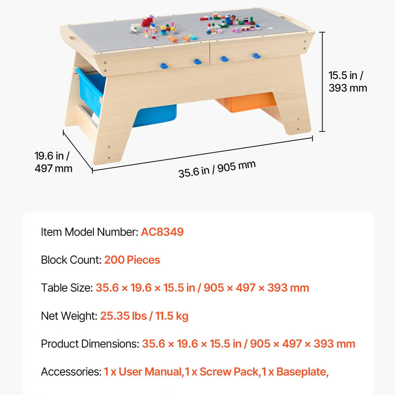 VEVOR bērnu divpusējais koka aktivitāšu galds ar 200 būvkociņiem un 3 uzglabāšanas kastēm, daudzfunkcionāls rotaļu galds bērniem no 3+ gadiem, ar lielu uzglabāšanas vietu, piemērots zēniem un meitenēm, dabīga koka krāsā