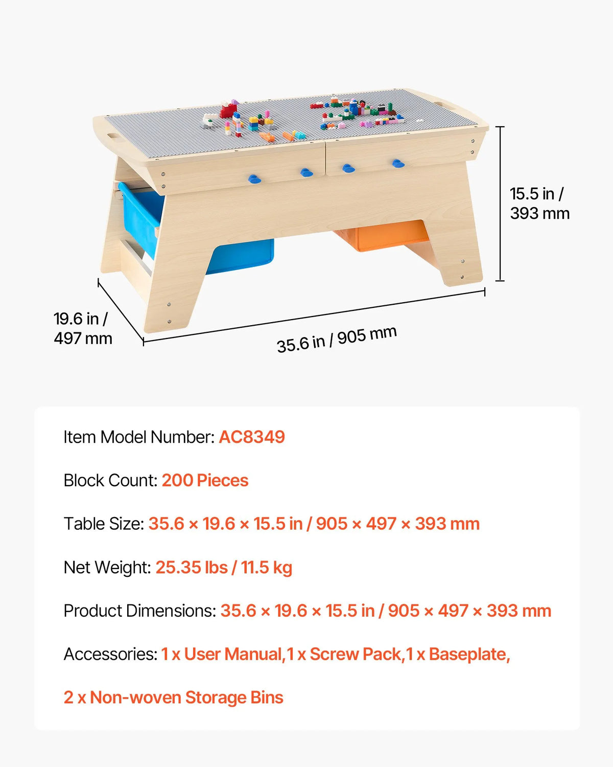 VEVOR Children's Double-Sided Wooden Activity Table with 200 Building Blocks and 3 Storage Boxes, from 3 Years