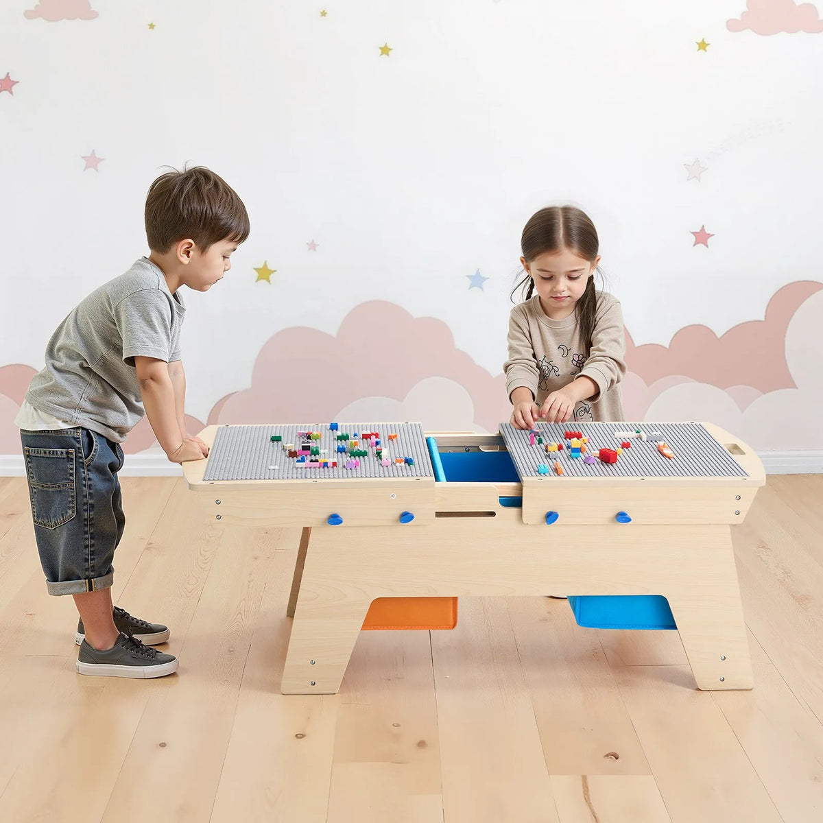 VEVOR Children's Double-Sided Wooden Activity Table with 200 Building Blocks and 3 Storage Boxes, from 3 Years