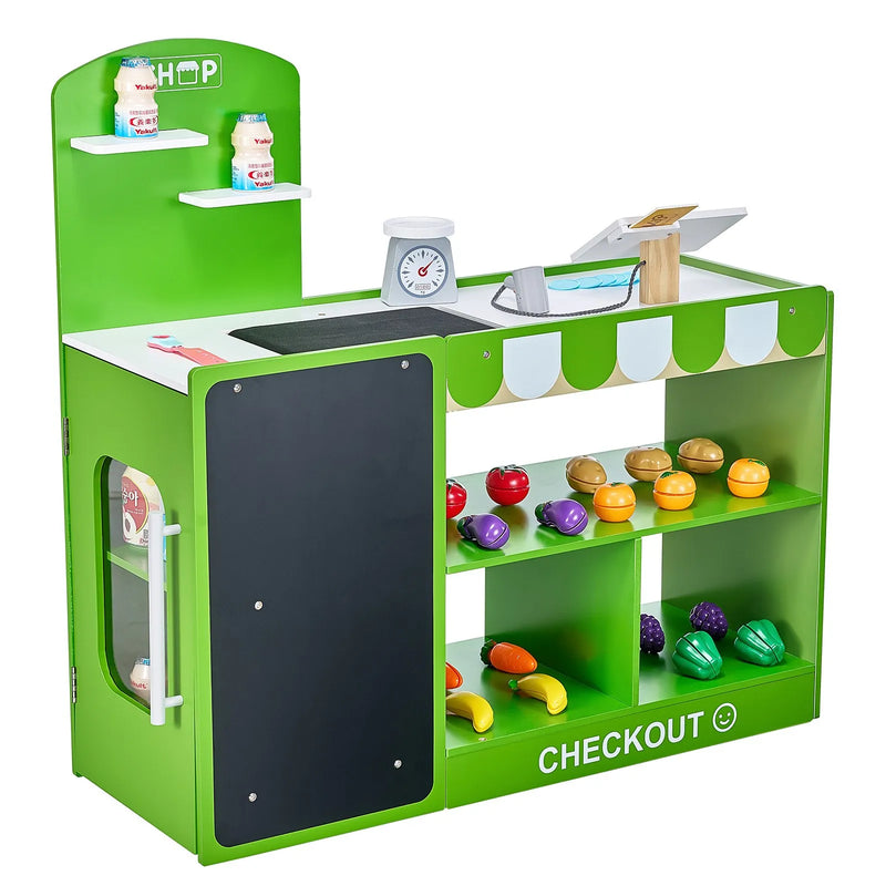 VEVOR bērnu pārtikas veikala rotaļu komplekts, koka rotaļu tirgus stends ar iepirkumu somu, bērnu lielveikala lomu spēļu komplekts ar konveijera lenti, skeneri, kases aparātu un reālistiskiem svariem, dāvana zēniem un meitenēm