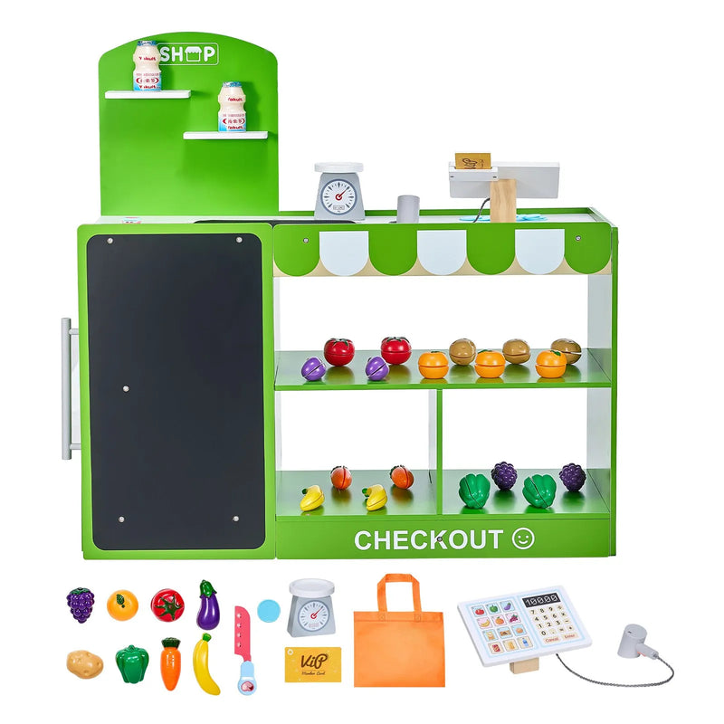 VEVOR bērnu pārtikas veikala rotaļu komplekts, koka rotaļu tirgus stends ar iepirkumu somu, bērnu lielveikala lomu spēļu komplekts ar konveijera lenti, skeneri, kases aparātu un reālistiskiem svariem, dāvana zēniem un meitenēm