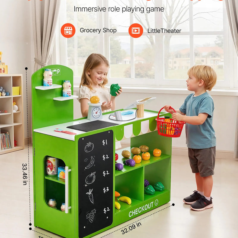 VEVOR bērnu pārtikas veikala rotaļu komplekts, koka rotaļu tirgus stends ar iepirkumu somu, bērnu lielveikala lomu spēļu komplekts ar konveijera lenti, skeneri, kases aparātu un reālistiskiem svariem, dāvana zēniem un meitenēm