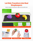 VEVOR bērnu pārtikas veikala rotaļu komplekts, koka rotaļu tirgus stends ar iepirkumu somu, bērnu lielveikala lomu spēļu komplekts ar konveijera lenti, skeneri, kases aparātu un reālistiskiem svariem, dāvana zēniem un meitenēm