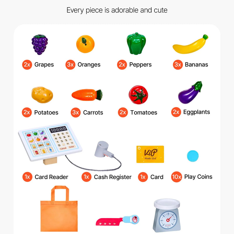 VEVOR bērnu pārtikas veikala rotaļu komplekts, koka rotaļu tirgus stends ar iepirkumu somu, bērnu lielveikala lomu spēļu komplekts ar konveijera lenti, skeneri, kases aparātu un reālistiskiem svariem, dāvana zēniem un meitenēm