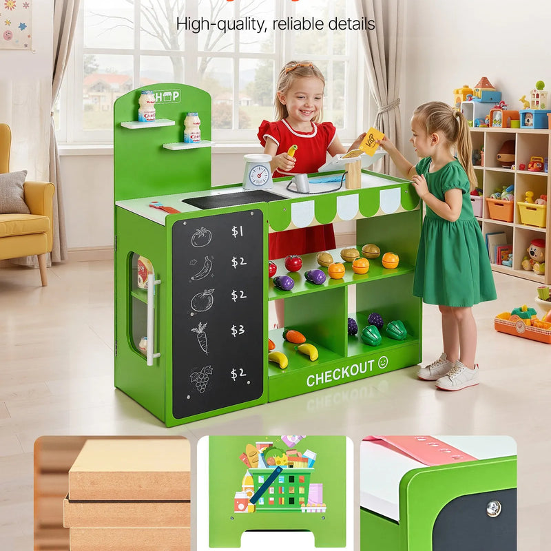 VEVOR bērnu pārtikas veikala rotaļu komplekts, koka rotaļu tirgus stends ar iepirkumu somu, bērnu lielveikala lomu spēļu komplekts ar konveijera lenti, skeneri, kases aparātu un reālistiskiem svariem, dāvana zēniem un meitenēm