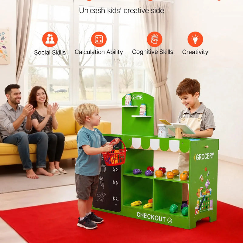 VEVOR bērnu pārtikas veikala rotaļu komplekts, koka rotaļu tirgus stends ar iepirkumu somu, bērnu lielveikala lomu spēļu komplekts ar konveijera lenti, skeneri, kases aparātu un reālistiskiem svariem, dāvana zēniem un meitenēm