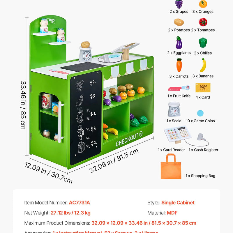 VEVOR bērnu pārtikas veikala rotaļu komplekts, koka rotaļu tirgus stends ar iepirkumu somu, bērnu lielveikala lomu spēļu komplekts ar konveijera lenti, skeneri, kases aparātu un reālistiskiem svariem, dāvana zēniem un meitenēm