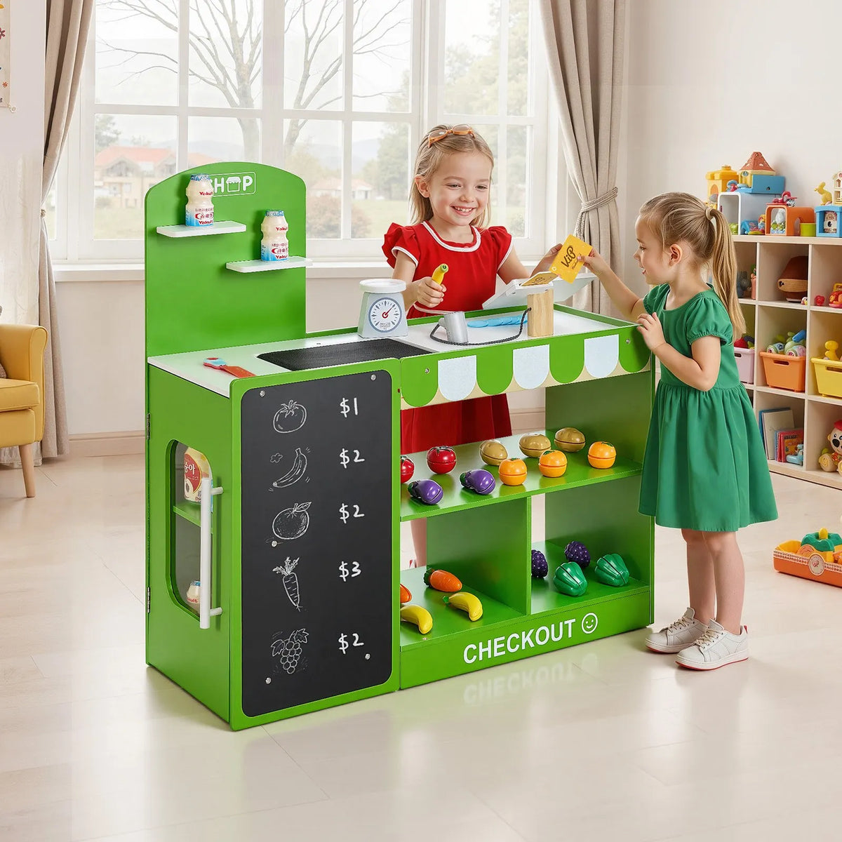 VEVOR деревянный игровой рыночный прилавок для детей с конвейером, сканером, кассой и весами